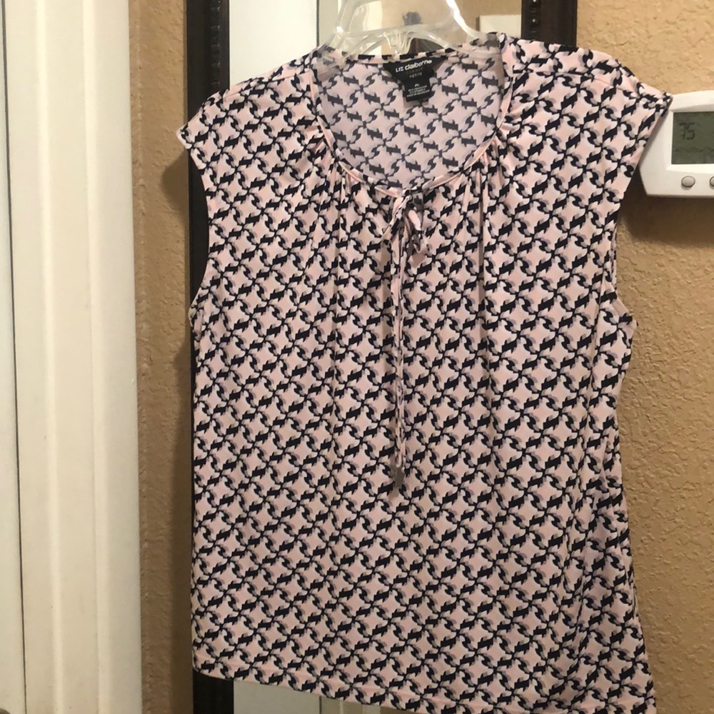 Worn once, Liz Claiborne Career Petite Top. Pink/Black/Gray/White. Petite Large